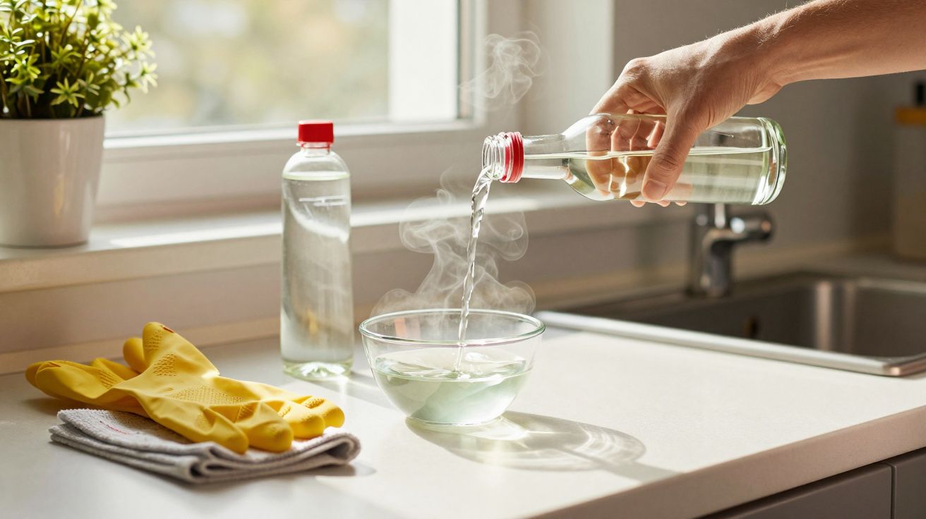 Mão a despejar líquido transparente numa tigela de vidro com vapor, ao lado de garrafa, luvas amarelas e pano na bancada.