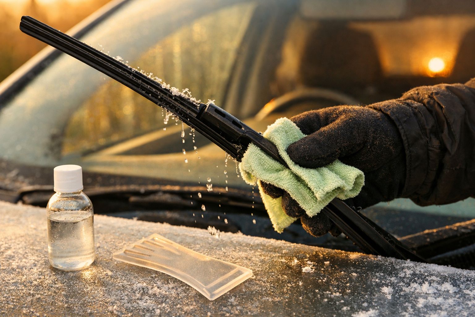 Mão limpa gelo do limpa-vidros de carro com pano, junto a raspador e garrafa, num dia frio.