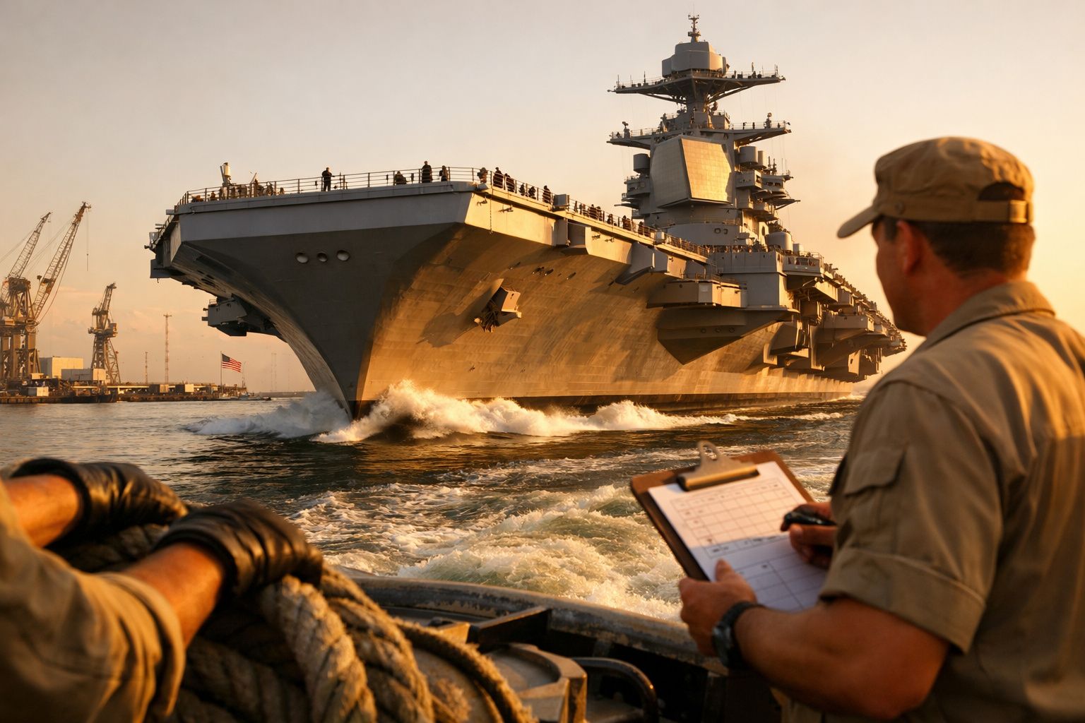 Porta-aviões em navegação ao pôr do sol, com marinheiro segurando prancheta em primeiro plano.