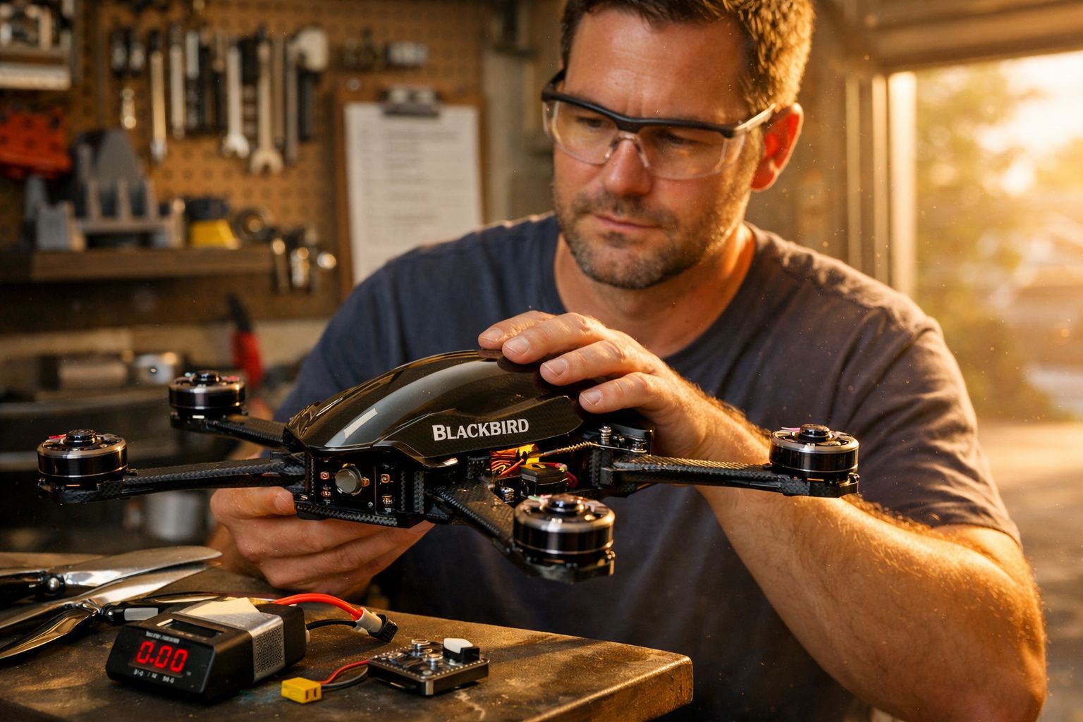 Homem a ajustar um drone num banco de oficina iluminado pelo sol, com ferramentas ao fundo.