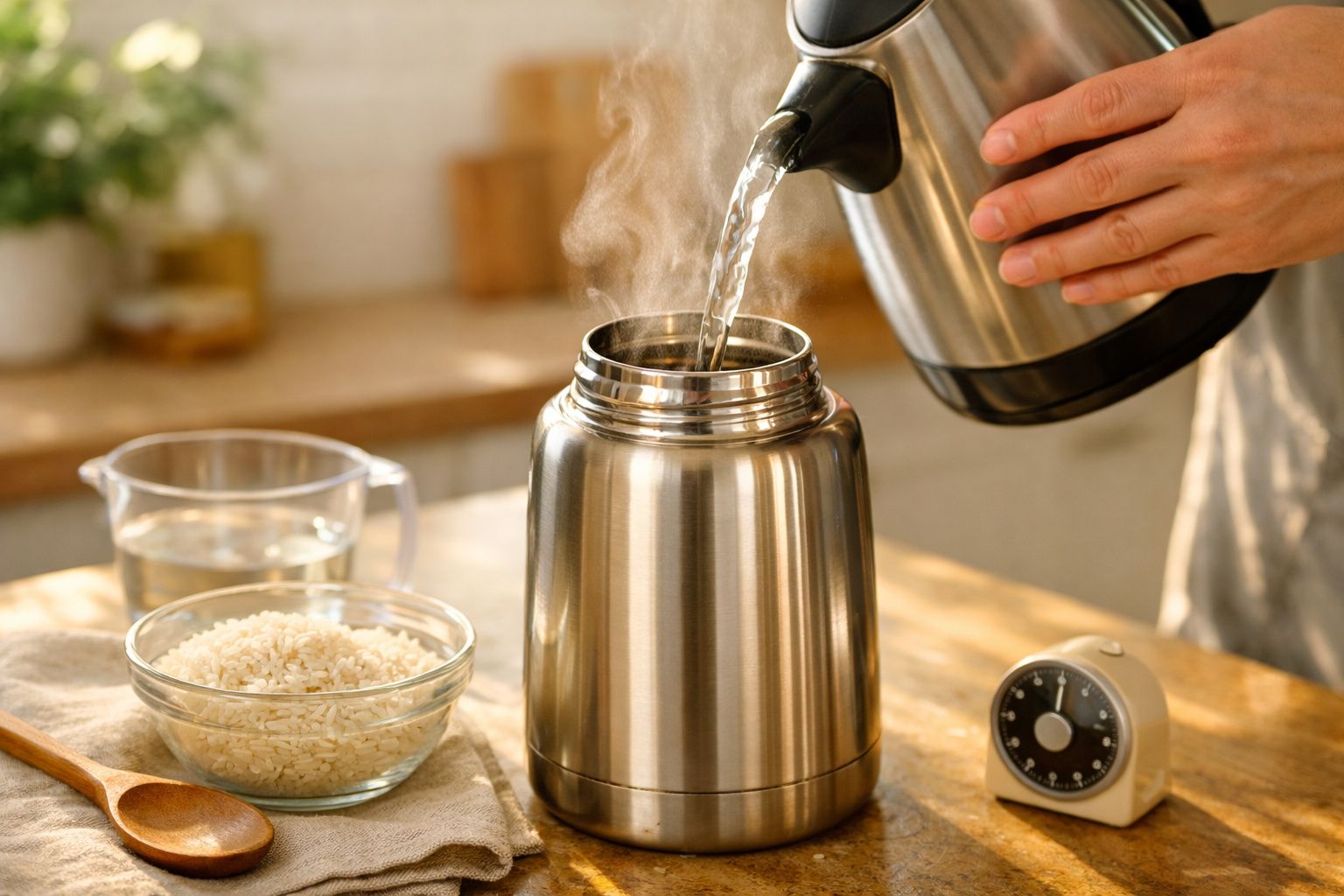 Pessoa a despejar água quente num termo de aço inoxidável na cozinha, com arroz e utensílios ao lado.