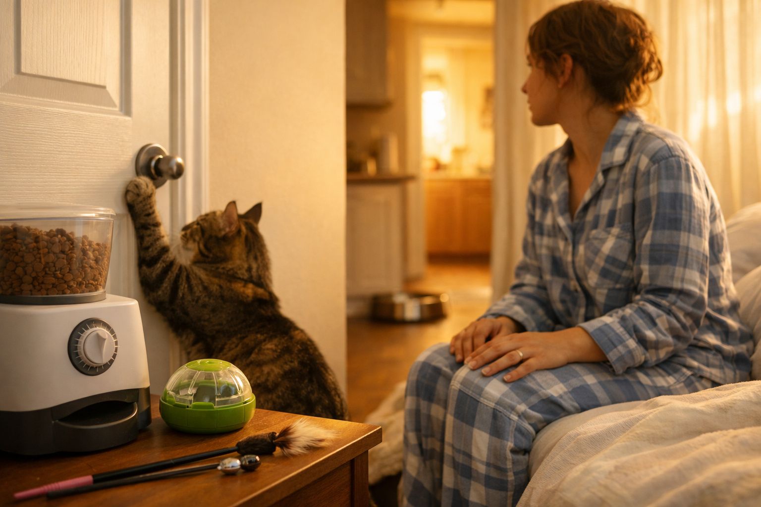 Mulher em pijama sentada na cama observa gato a tentar abrir porta. Há dispensador de ração ao lado.