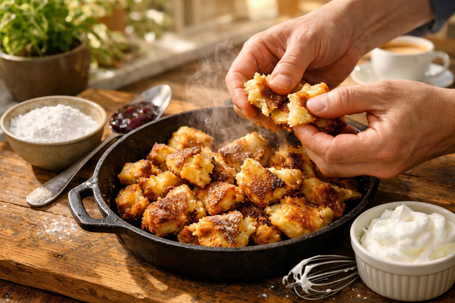 Mãos desfazem pedaços de bolo quente numa frigideira, com tigelas de açúcar em pó e creme ao lado.