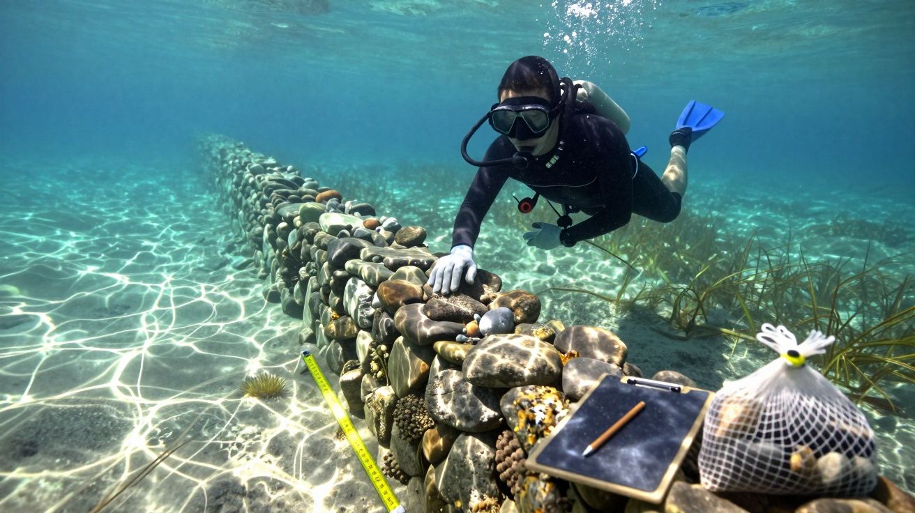 Mergulhador estudando estrutura de pedras subaquática com registo em prancheta e fita métrica, água límpida ao redor.