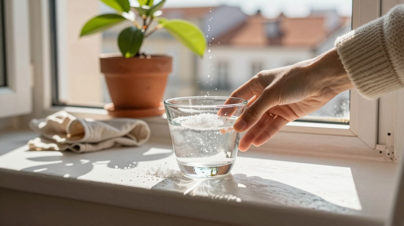 Mão adiciona sal a copo de água no parapeito da janela, planta em vaso ao fundo.