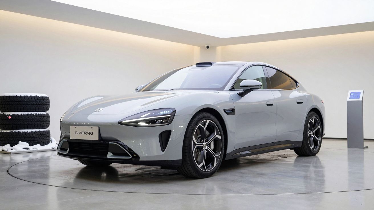 Carro elétrico cinzento em exposição num showroom, com um design moderno e elegante.