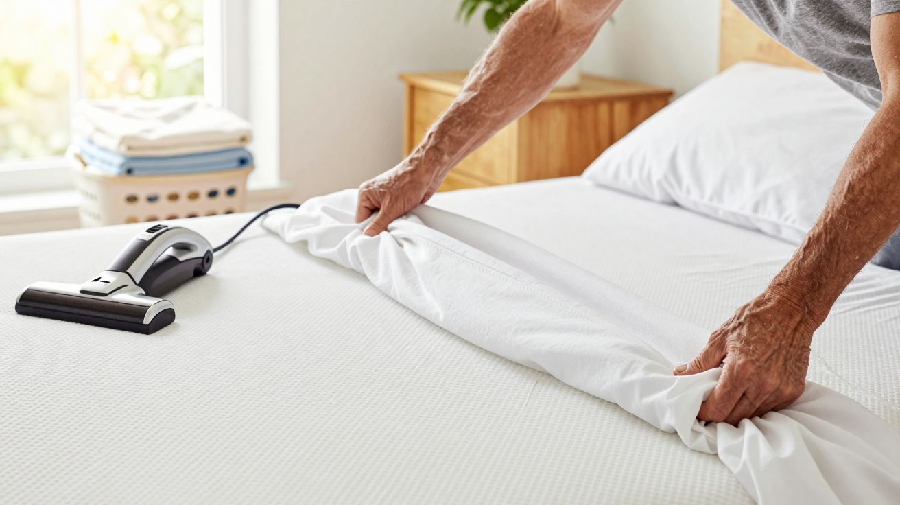 Pessoa a colocar lençol numa cama, com aspirador portátil ao lado.