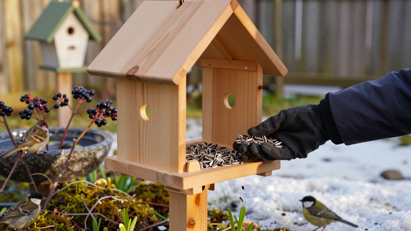 Pessoa alimenta pássaros com sementes num comedouro de madeira no jardim coberto de neve, com pássaros ao redor.
