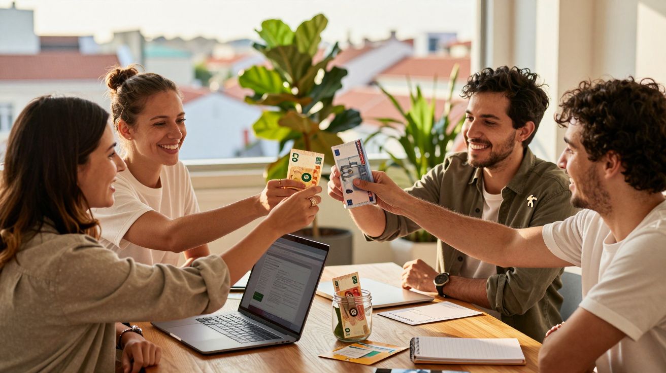 Quatro pessoas brindam sorridentes numa reunião de trabalho, com bebidas e um portátil sobre a mesa.