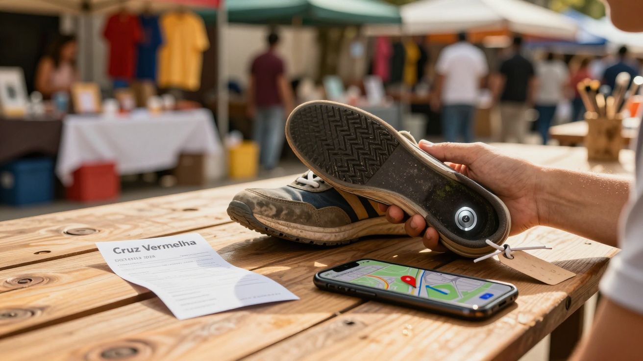 Pessoa segurando ténis com um rastreador no mercado ao ar livre; mapa no telemóvel e folheto da Cruz Vermelha na mesa.