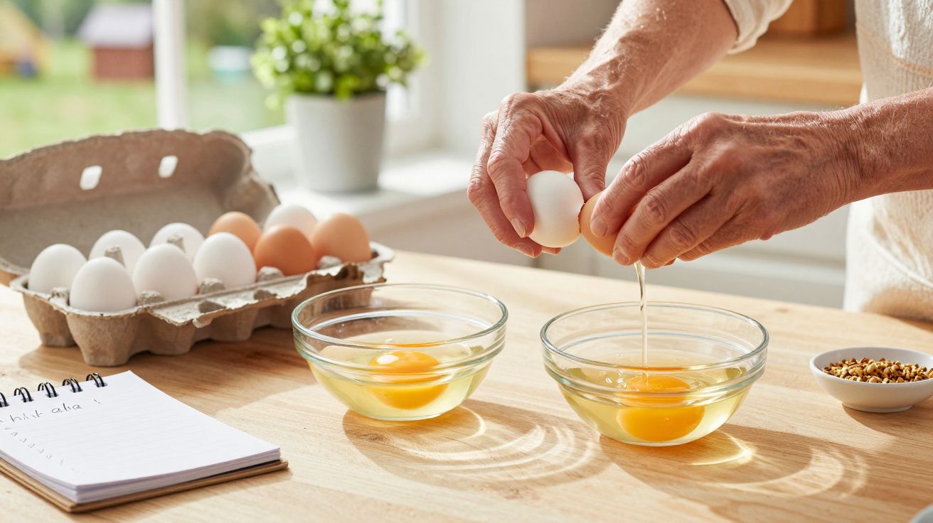 Pessoa a quebrar ovos em taças de vidro numa cozinha, com ovos e bloco de notas sobre a bancada.