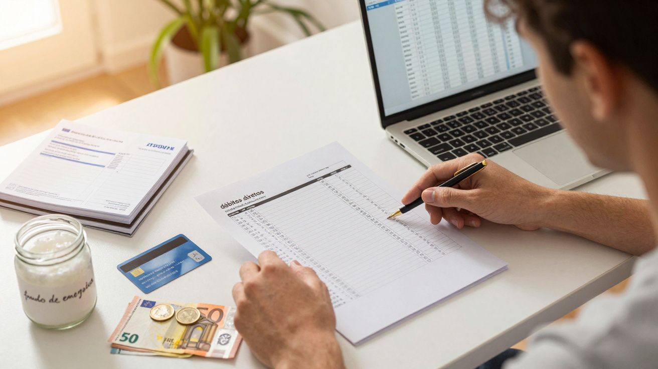 Pessoa revendo finanças com computador portátil, folha de cálculos, notas e moedas de euro sobre mesa branca.