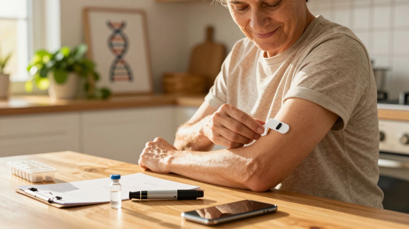 Mulher ajustando sensor no braço numa cozinha, com telemóvel e materiais médicos sobre a mesa.