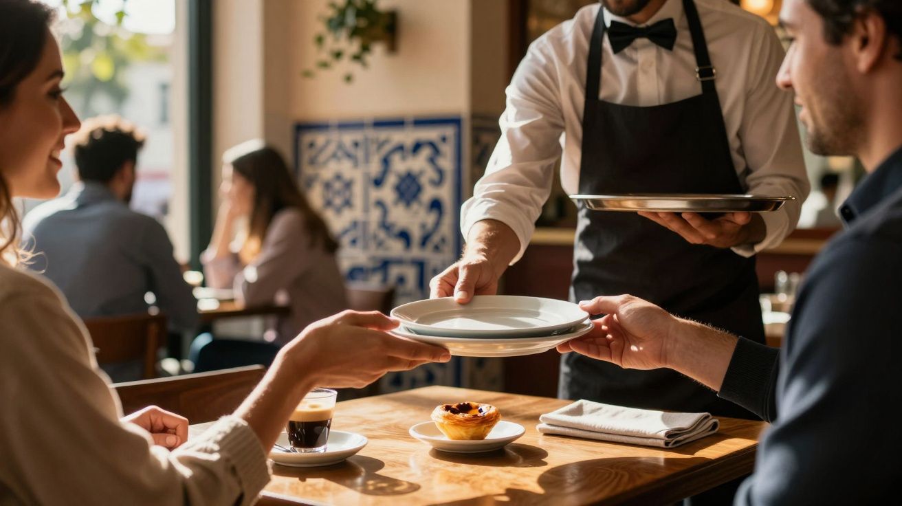 Garçom serve prato a casal em mesa de café com azulejos portugueses ao fundo.