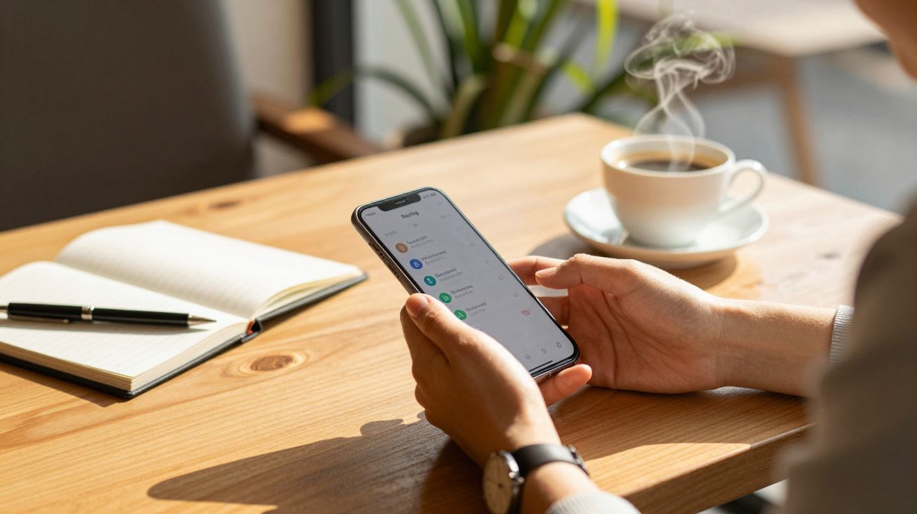 Pessoa a segurar um smartphone numa mesa de madeira com bloco de notas e café fumegante ao lado.