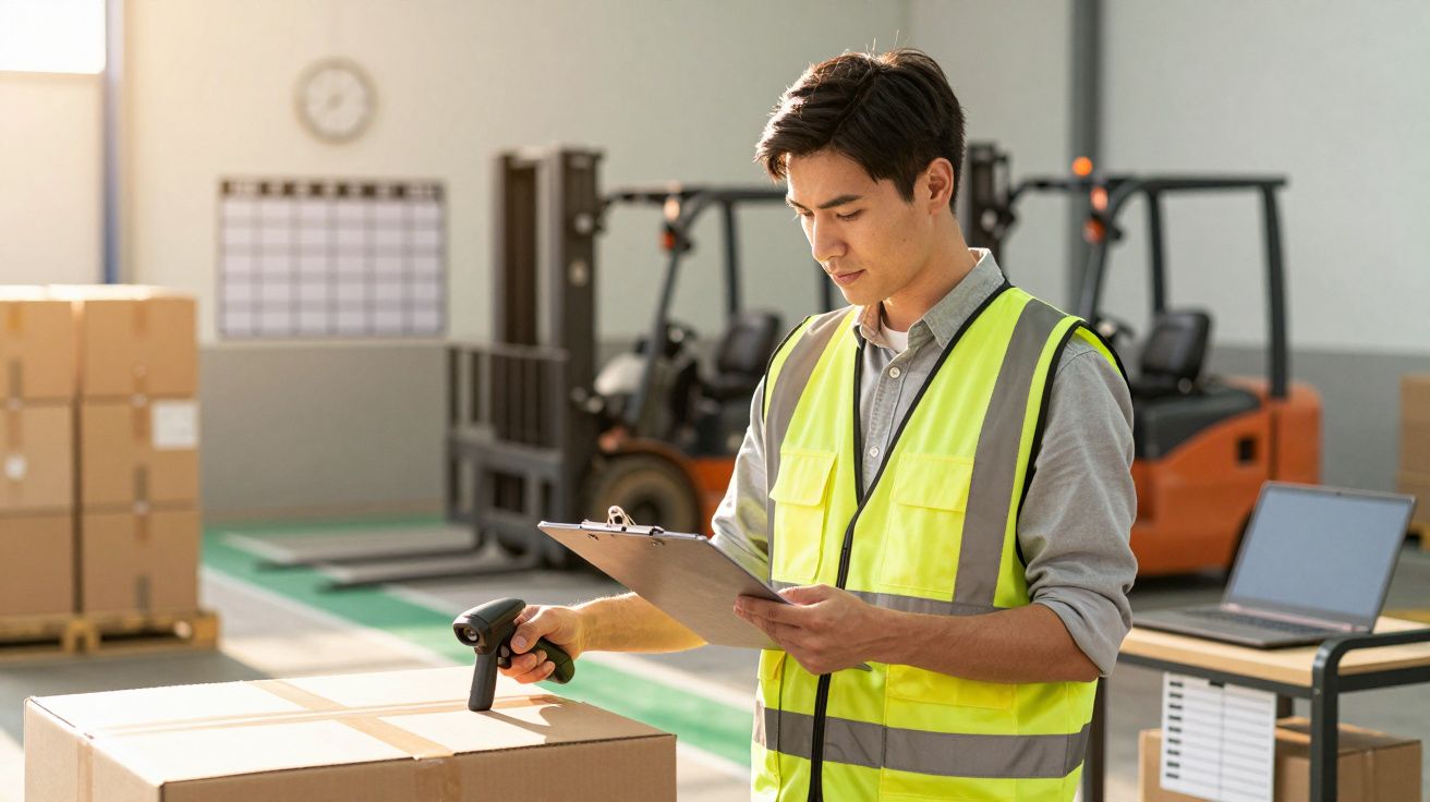 Homem de colete refletor verifica lista enquanto digitaliza caixa num armazém, com empilhadoras ao fundo.