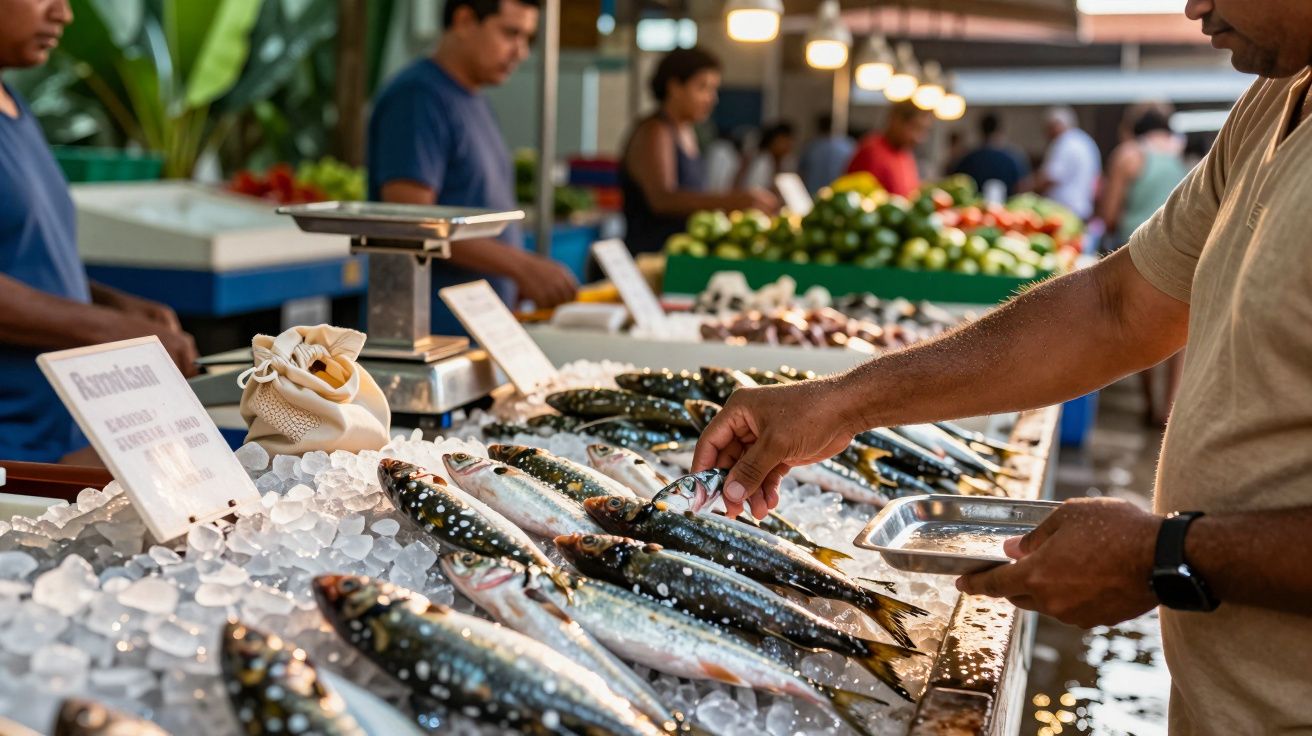 Homem escolhe peixe fresco numa banca de mercado com gelo, cercado por outras pessoas e vegetais ao fundo.