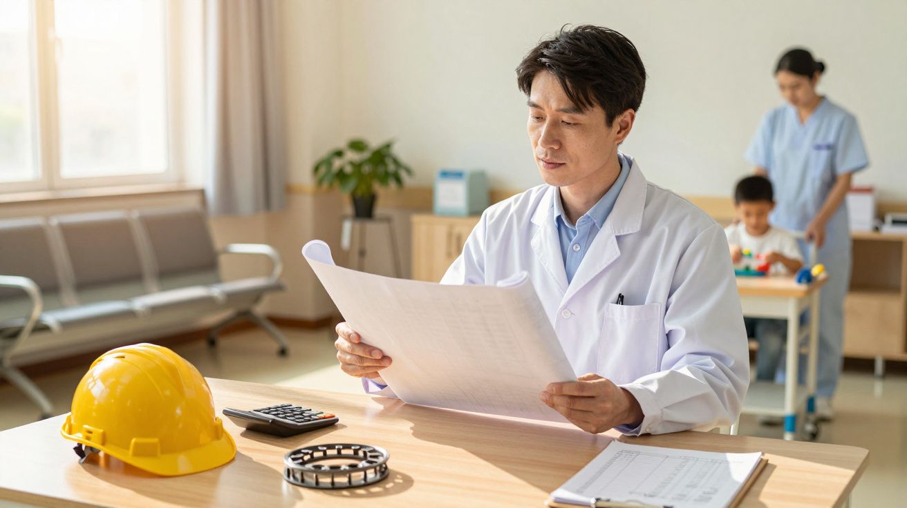 Homem de jaleco branco analisa documentos numa mesa com capacete, cálculo e rolamento; fundo com criança e enfermeira.