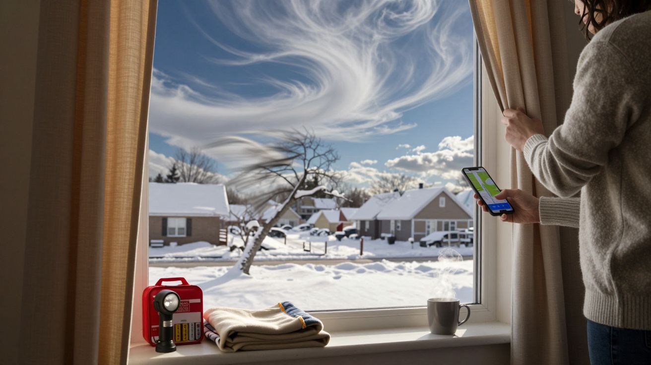 Mulher olha pela janela para paisagem nevada, segurando telemóvel, com mantas e chá na prateleira.