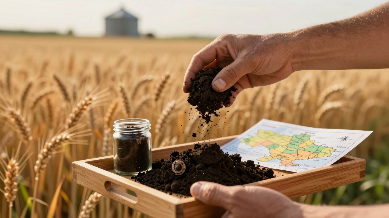 Mãos seguram tabuleiro com amostra de solo, mapa e frasco, diante de um campo de trigo.