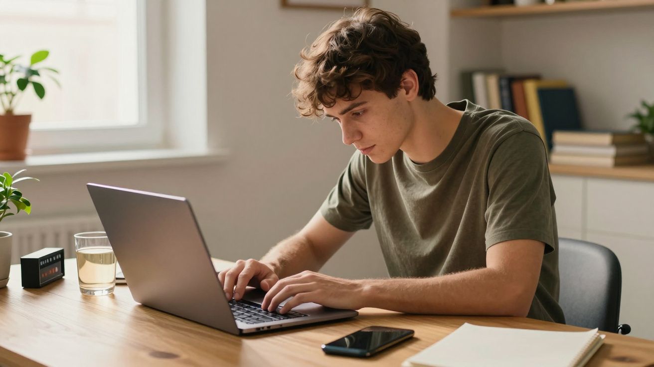 Jovem trabalha concentrado no portátil em mesa de madeira, ao lado de um copo de água e smartphone.