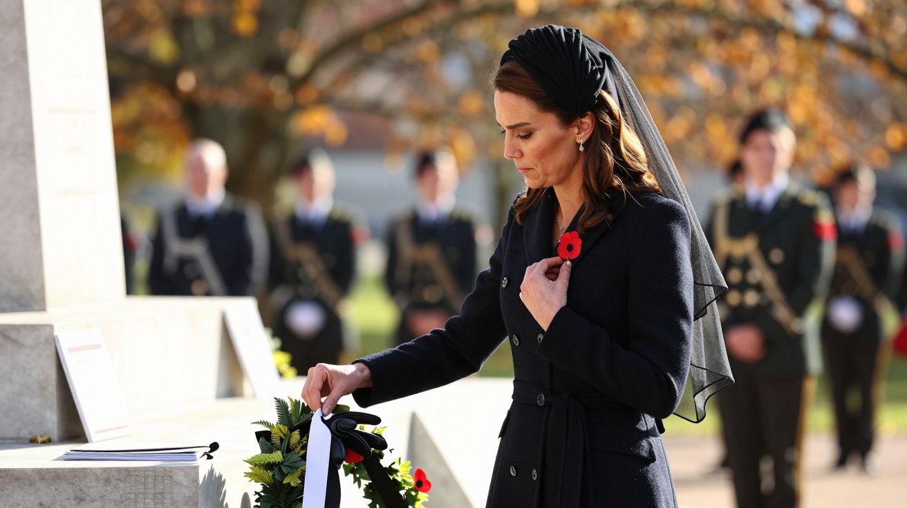 Mulher em cerimónia de homenagem coloca coroa de flores em monumento, cercada por militares ao fundo.
