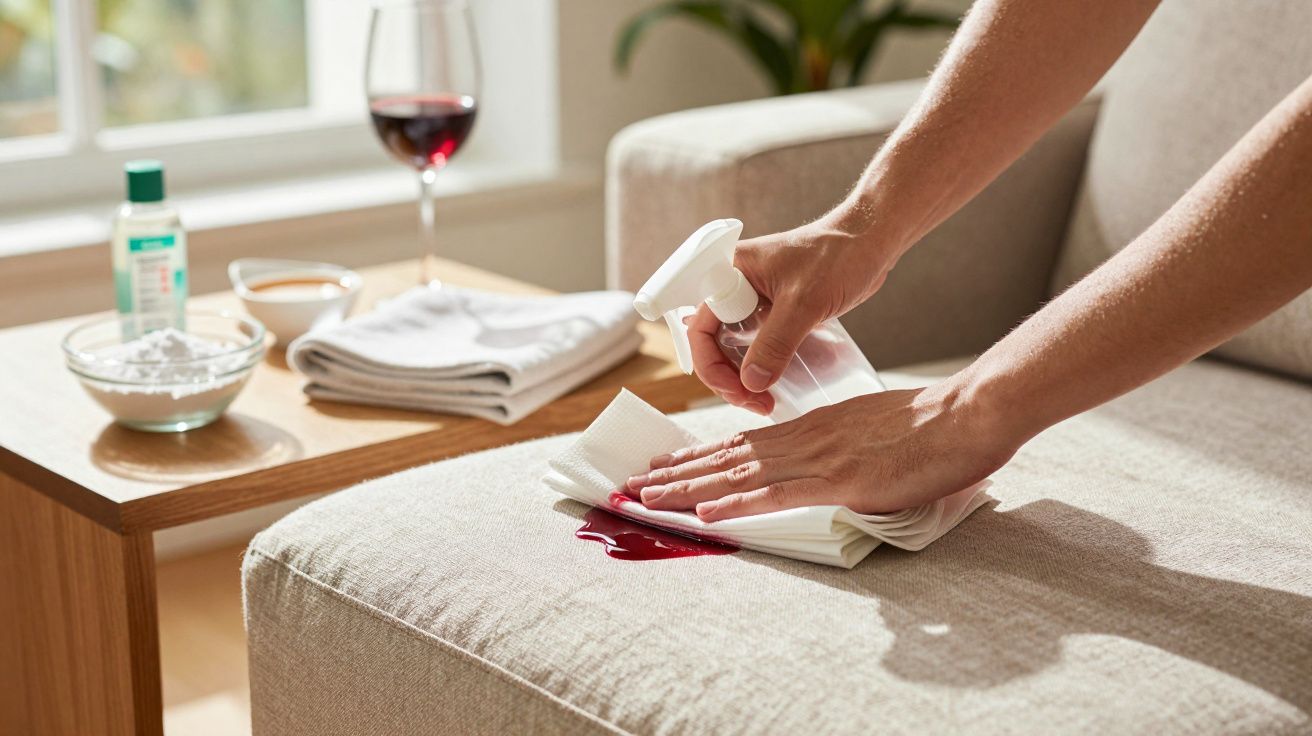 Mãos limpam mancha de vinho tinto do sofá com spray e guardanapo; vinho, guardanapos e produtos ao lado.