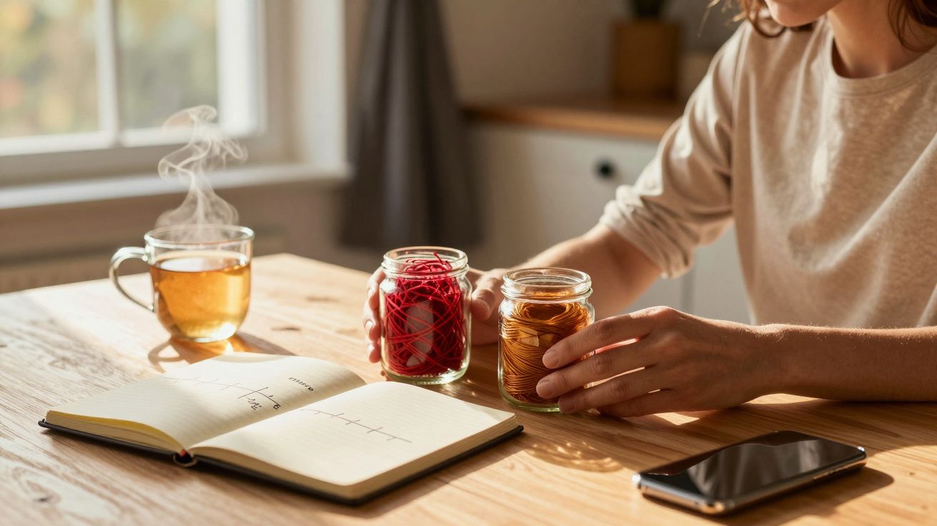 Pessoa segurando frascos perto de chá fumegante, caderno aberto e telemóvel numa mesa de madeira clara.