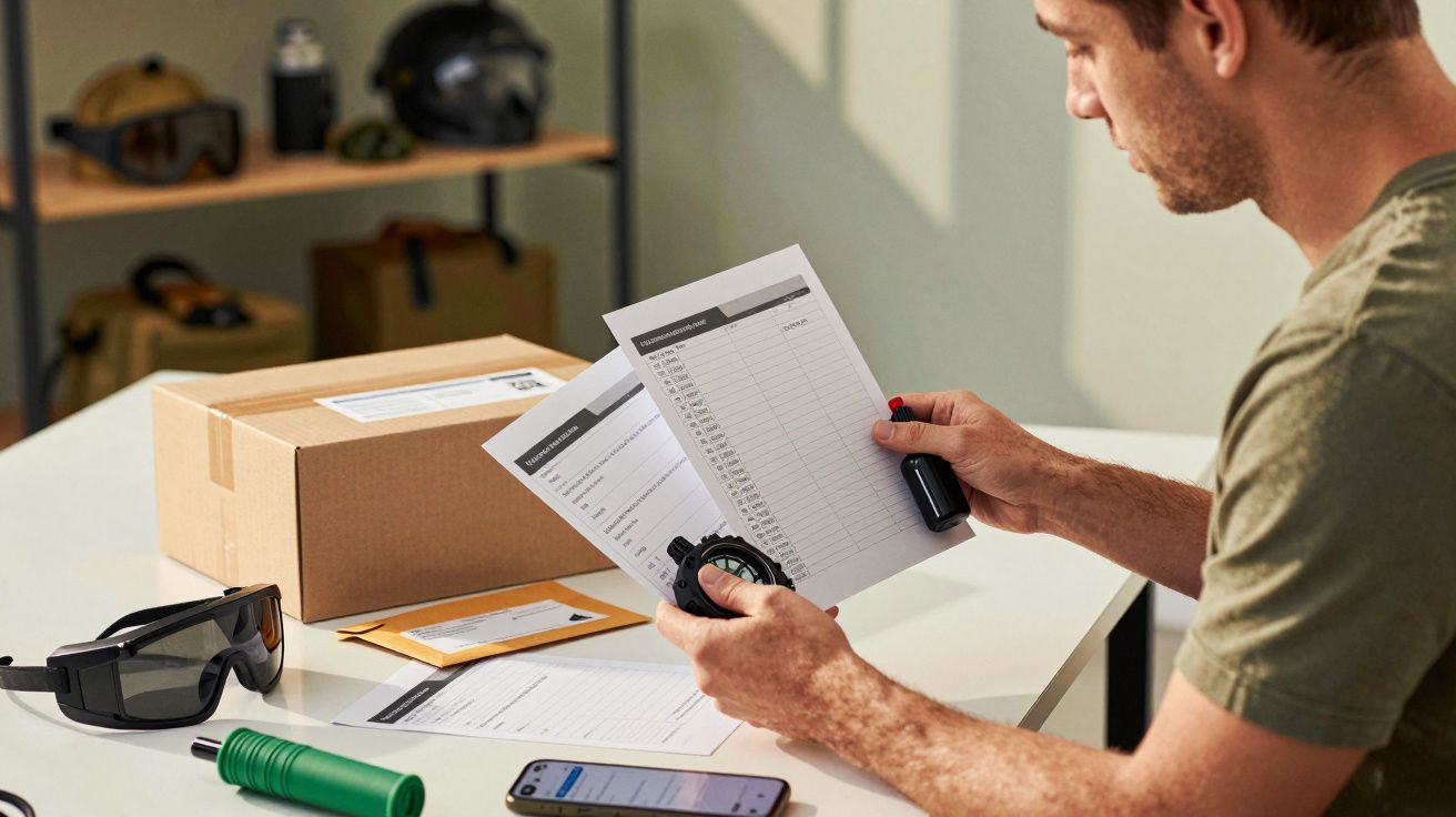 Homem verifica documentos ao lado de uma caixa em cima de uma mesa, com óculos de proteção e smartphone.