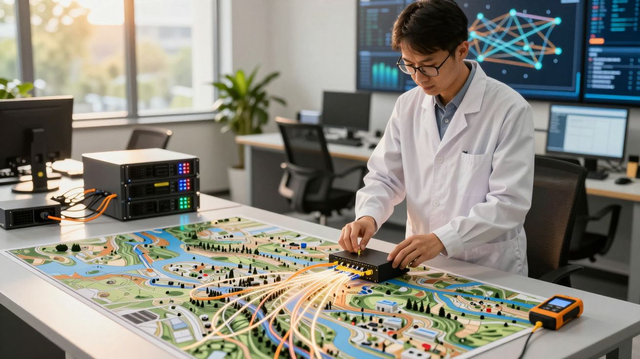 Pessoa em laboratório com jaleca branca, trabalhando numa maqueta iluminada sobre uma mesa, com monitores ao fundo.