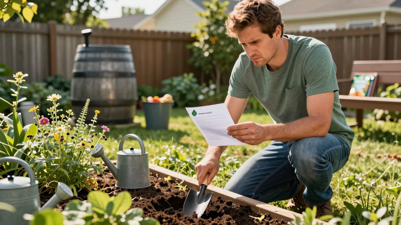 Homem ajoelhado no jardim lendo instruções de plantio, rodeado por flores e regadores.