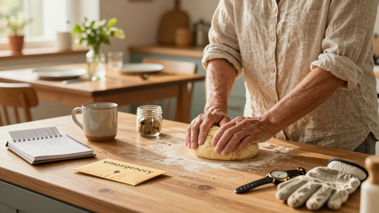 Pessoa a amassar massa numa cozinha, com luvas, relógio e caderno sobre a mesa.