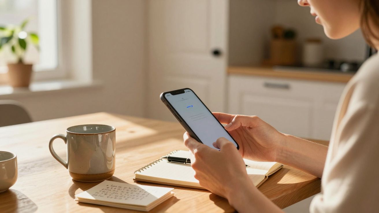 Mulher a segurar um telemóvel numa mesa com caderno, caneta e chávenas; fundo com janela e móveis de cozinha.