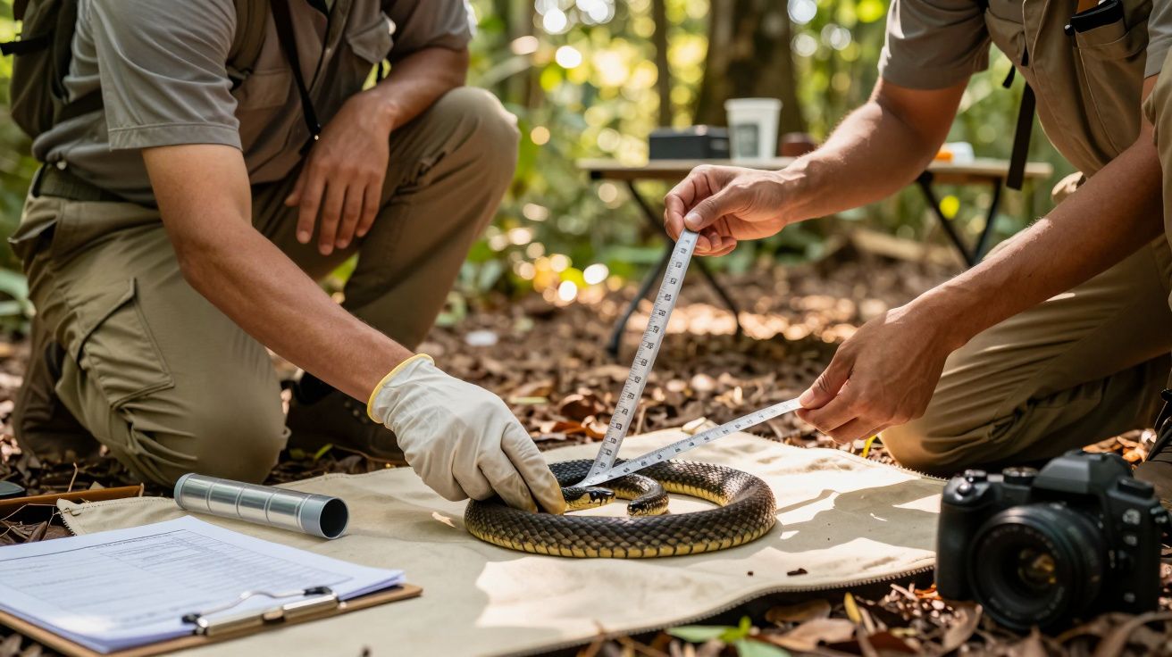 Pesquisadores medem uma cobra na floresta, usando fita métrica, rodeados por equipamento e documentação científica.