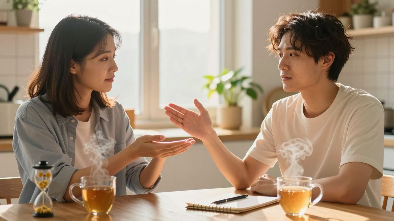 Duas pessoas conversam num ambiente doméstico, com chá sobre a mesa e uma ampulheta ao lado.