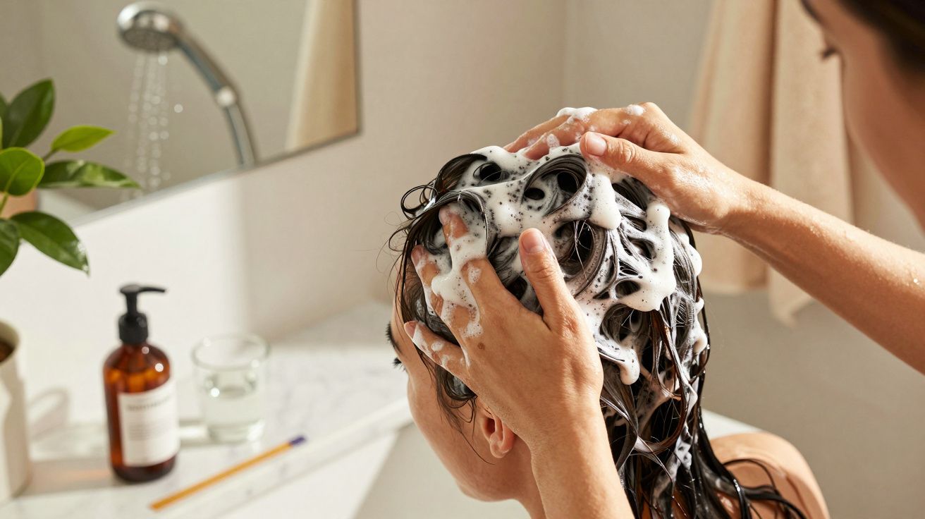 Pessoa a lavar o cabelo com champô espumoso numa casa de banho, detalhe de mãos e espuma evidente.