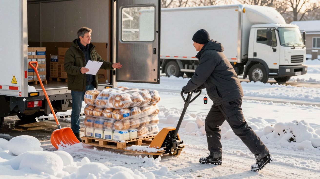 Homem transporta palete de pão em carrinho manual na neve, enquanto outro homem aguarda junto ao camião aberto.
