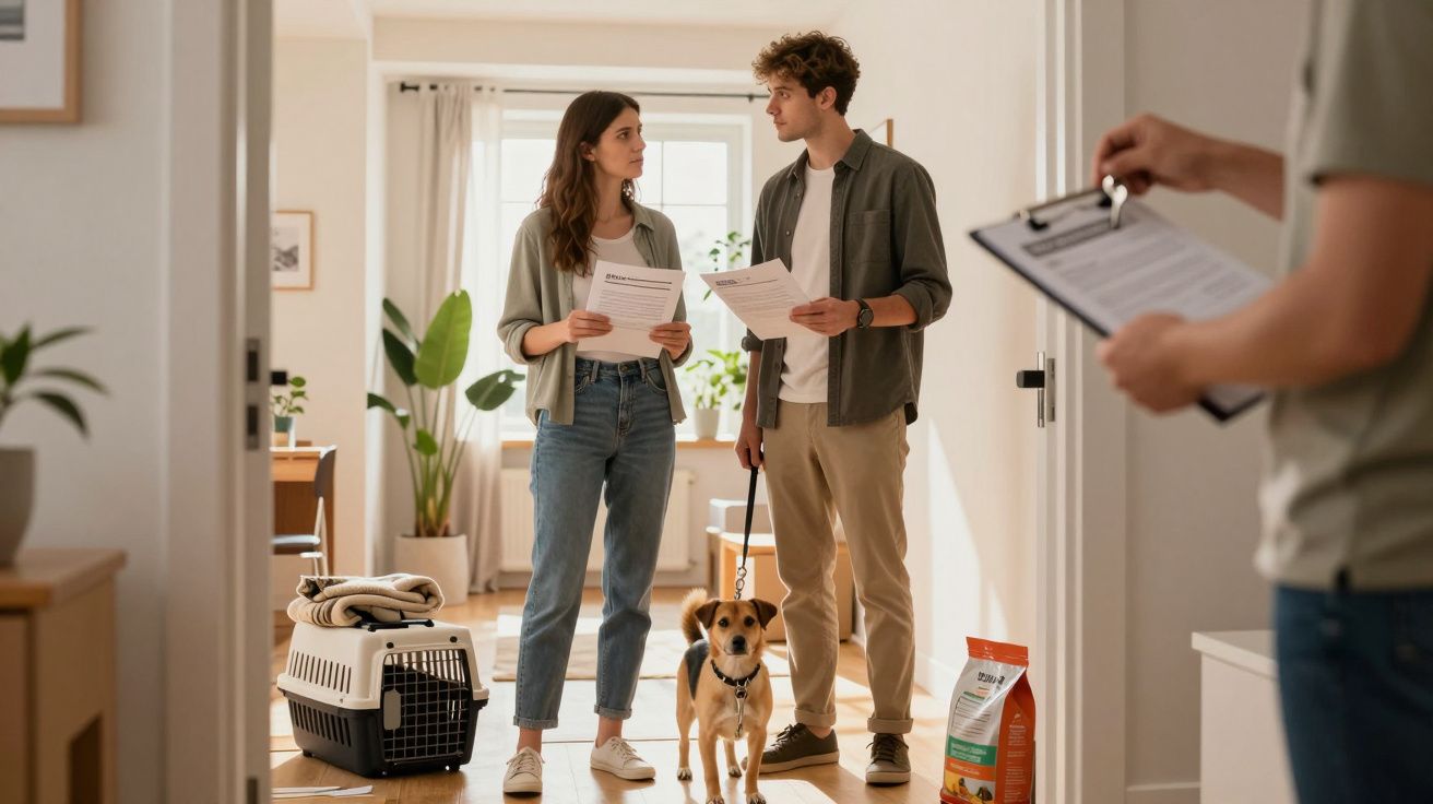 Casal discute documentos na sala, com cão na trela e caixa de transporte; pessoa ao lado segura uma prancheta.
