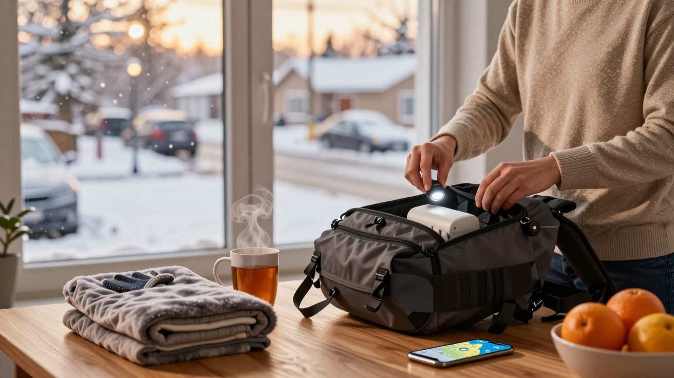 Pessoa arruma mochila numa mesa com chá, toalhas e fruta; neve visível pela janela ao fundo.