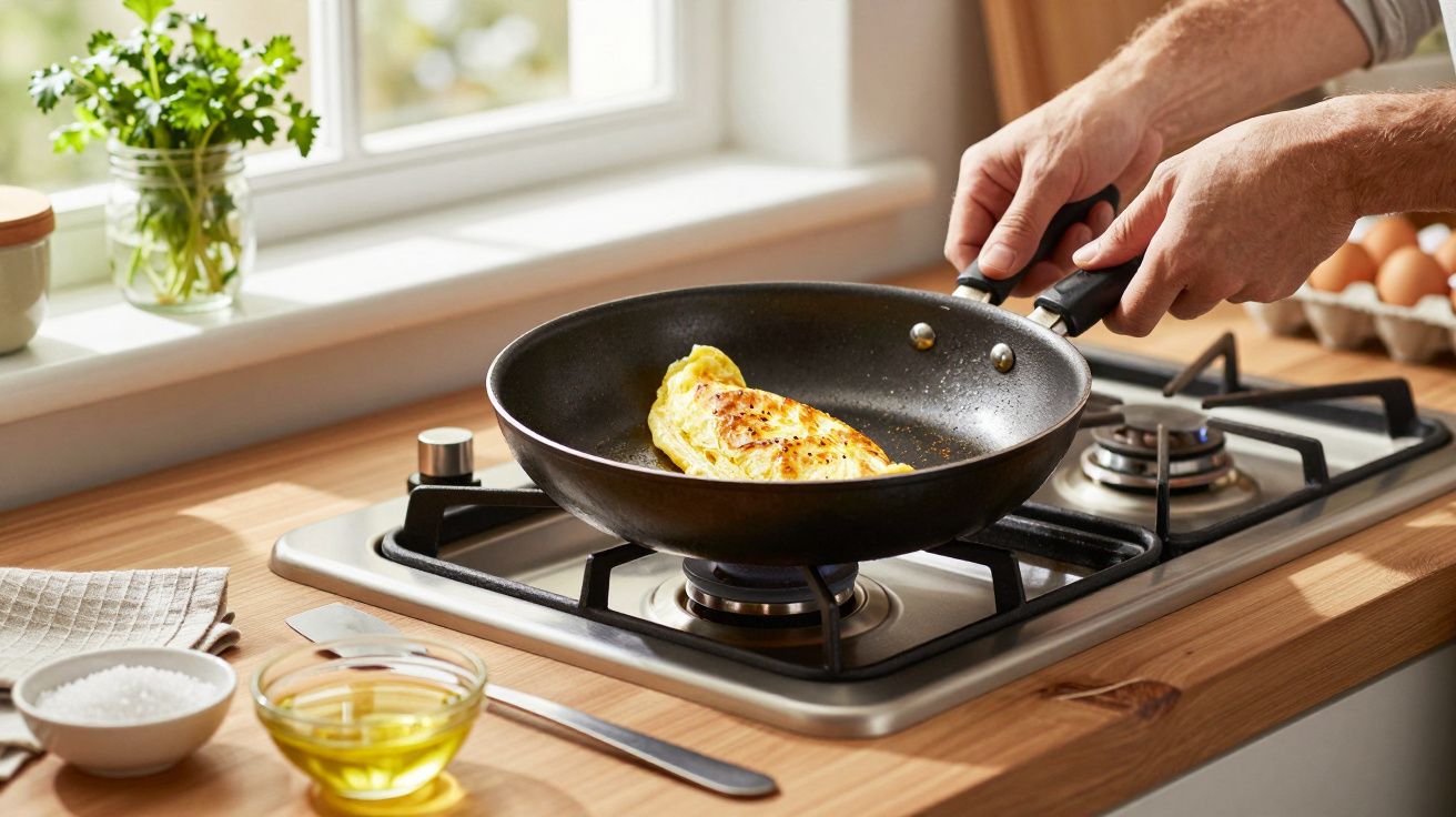 Mãos segurando uma frigideira com omelete dourada ao lume numa cozinha, com ervas e ovos ao fundo.
