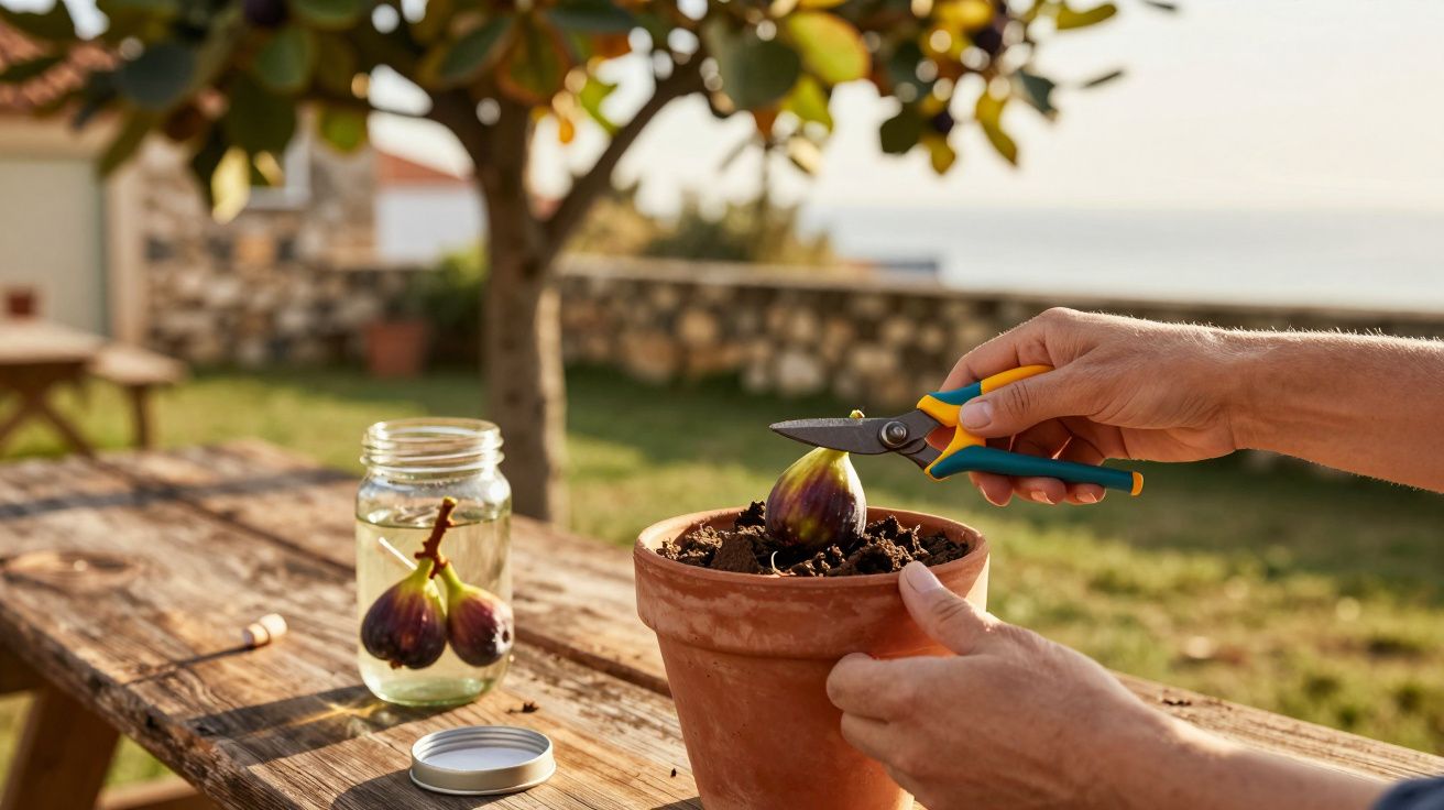 Pessoa a podar figueira em vaso de barro, com frascos e mais figos numa mesa de madeira ao ar livre.