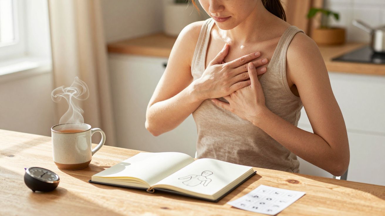 Mulher sentada à mesa com as mãos no peito, perto de chá quente, bloco de notas aberto e folha de exercícios.