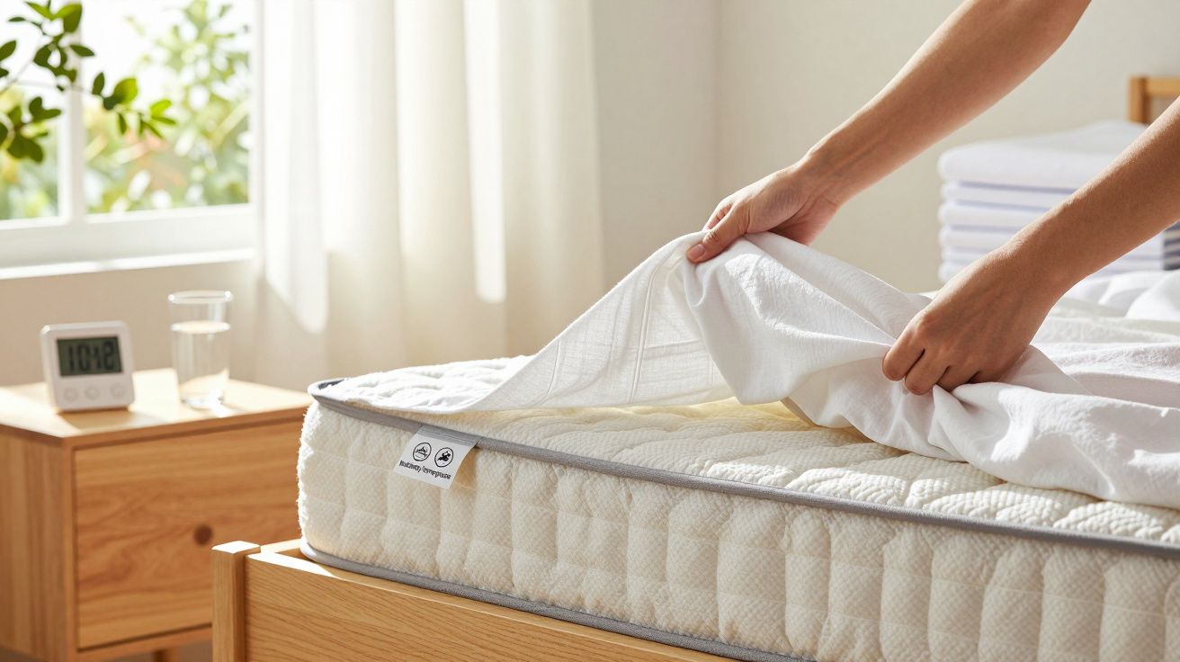 Pessoa a colocar lençol branco numa cama num quarto iluminado.