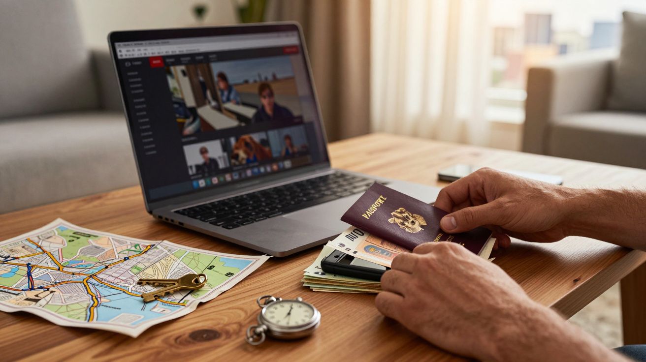 Pessoa segura passaporte perto de computador com videoconferência, mapa, bilhetes de avião, bússola e relogio de bolso.