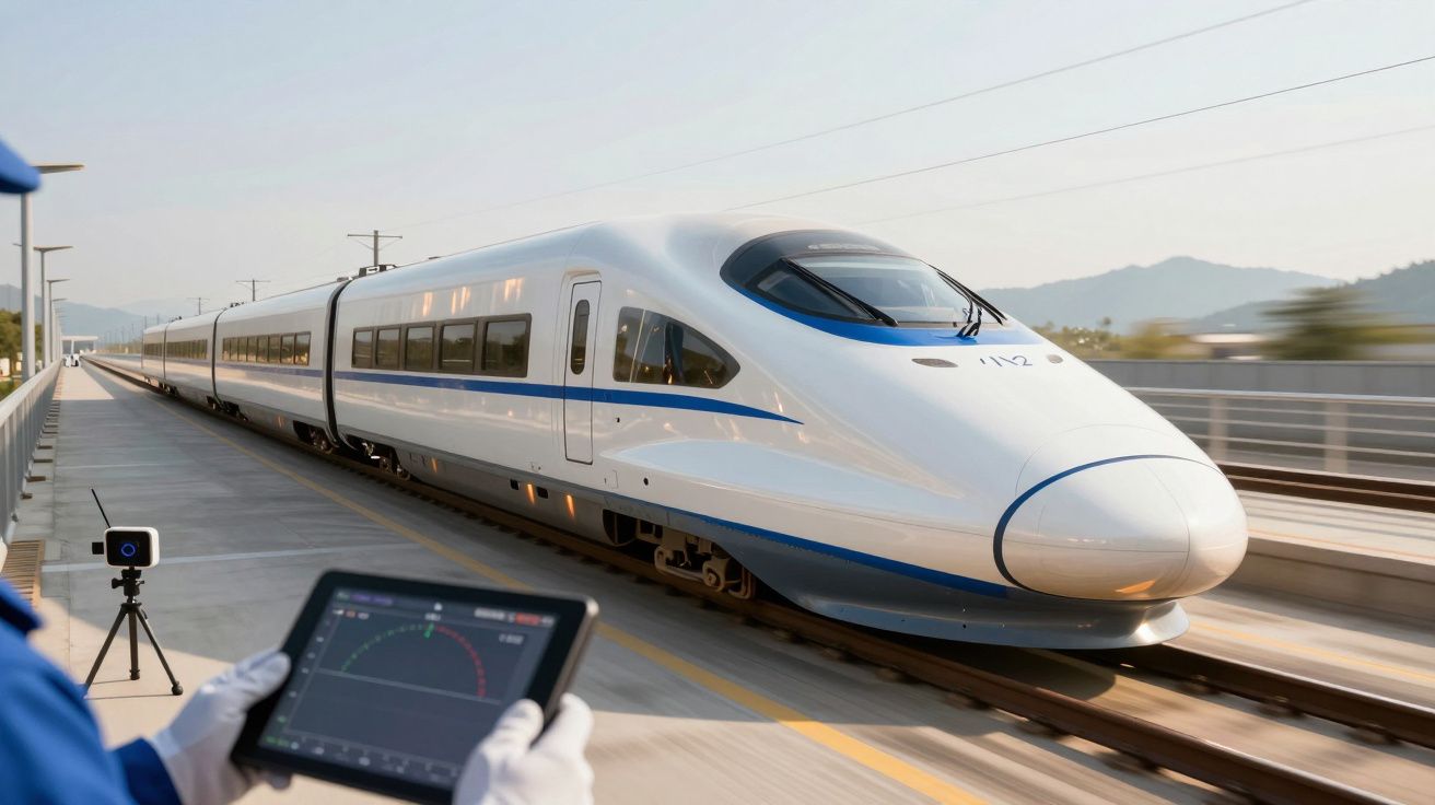 Trem de alta velocidade branco passa enquanto técnico monitora dados num tablet na plataforma de uma estação.