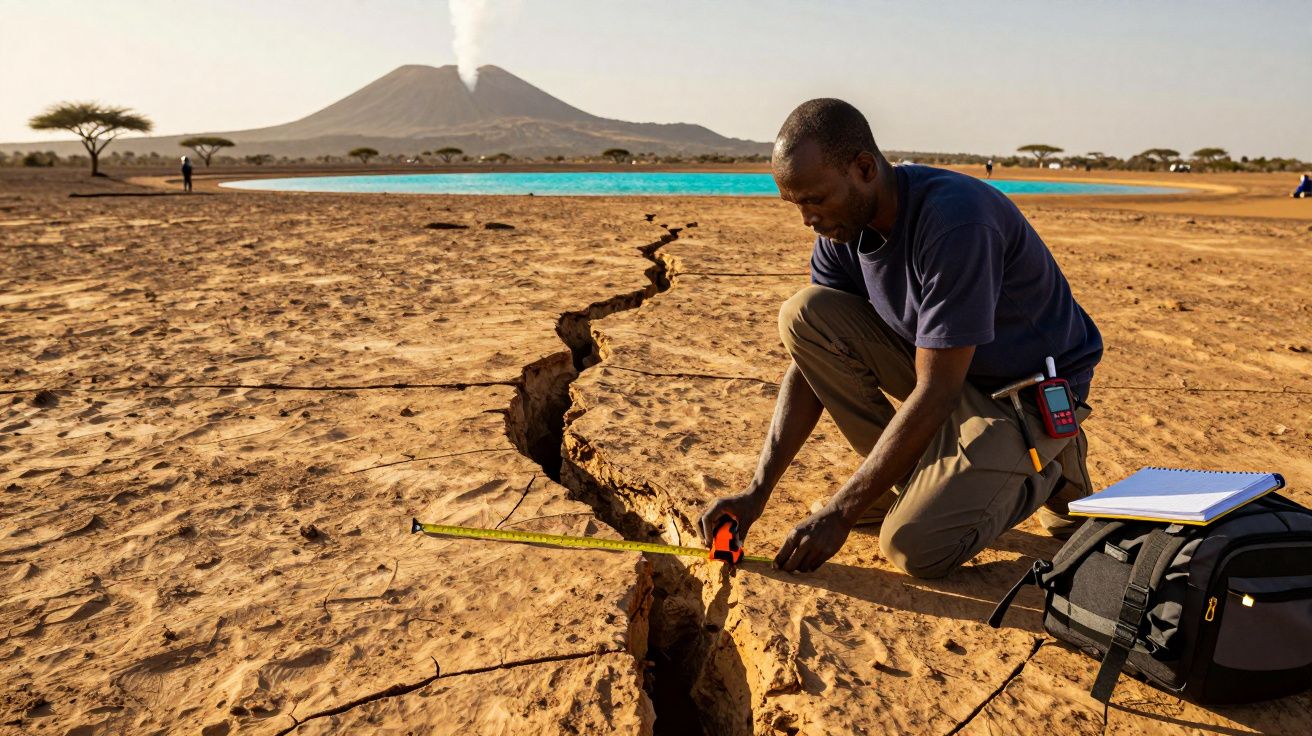 Homem mede fenda no solo desértico, com vulcão fumegante ao fundo e lago azul, céu limpo.