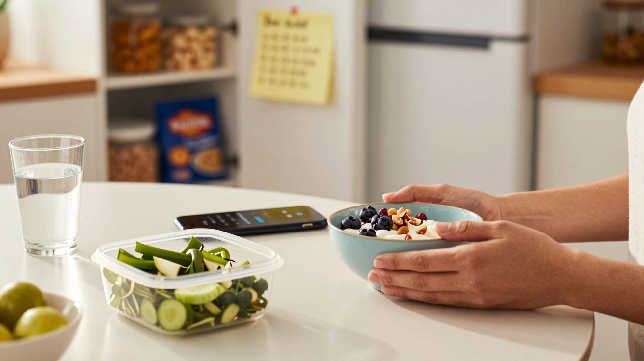 Pessoa segurando uma tigela com iogurte e frutas. Na mesa, salada em caixa, copo de água e telemóvel.