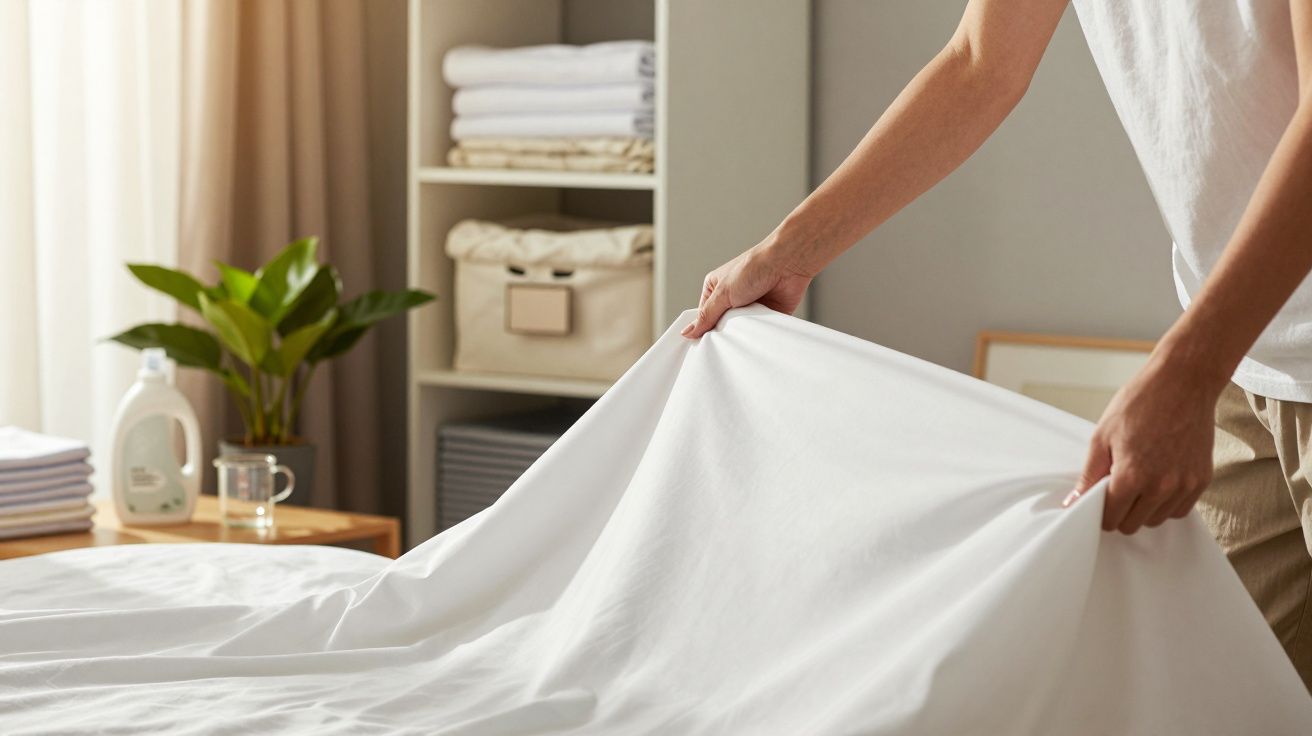 Pessoa a fazer a cama com lençóis brancos, estante com toalhas dobradas ao fundo e planta decorativa numa mesa.