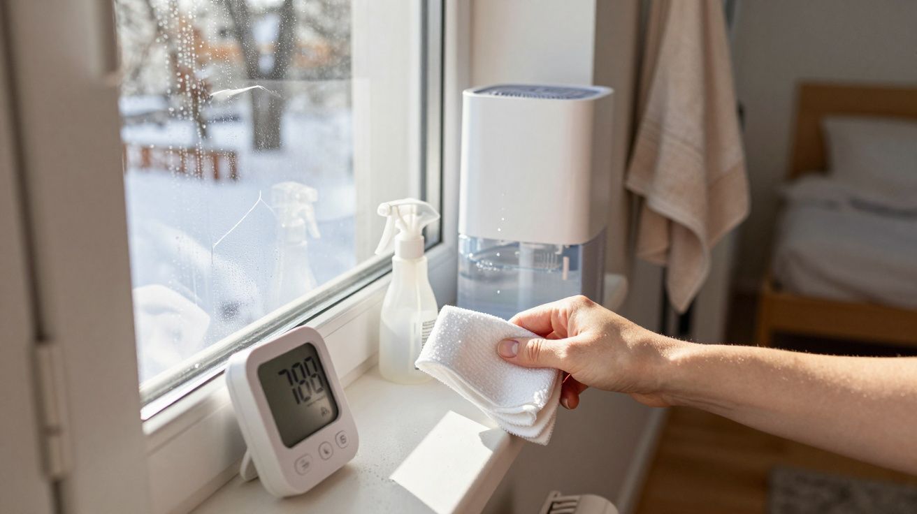 Pessoa limpa janela com um pano, perto de um termómetro digital e de um humidificador, num quarto iluminado pelo sol.