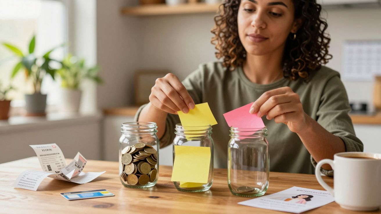 Mulher organiza notas adesivas em frascos de vidro e moedas, com documentos e chá sobre a mesa.
